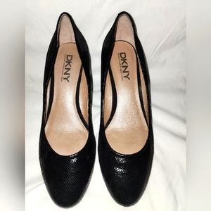 Women's black DKNY high heel wedges size 8. Pre-owned.
